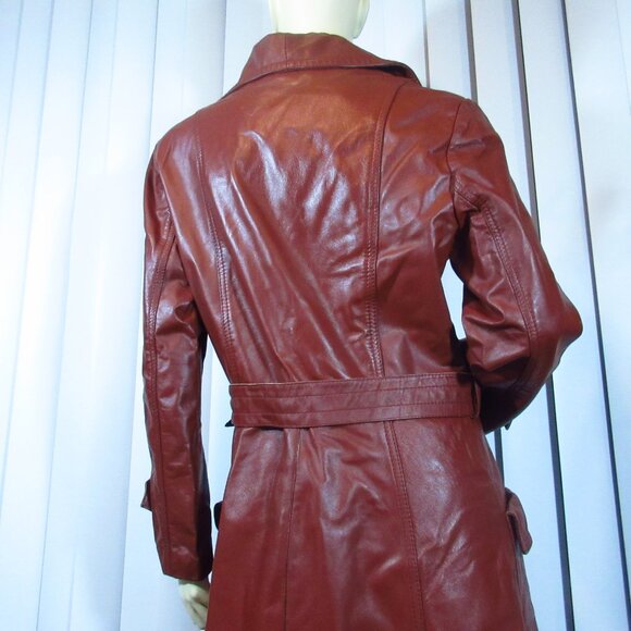 Vintage Genuine Leather Jacket Trench Coat S/Small Made in Korea Dark Red Maroon - Picture 9 of 16